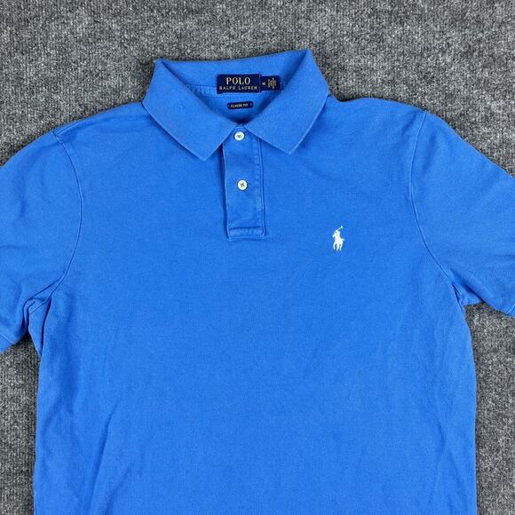Polo Ralph Lauren Polo Mens M Blue Classic Fit Short Sleeve Shirt White Logo - Picture 1 of 8